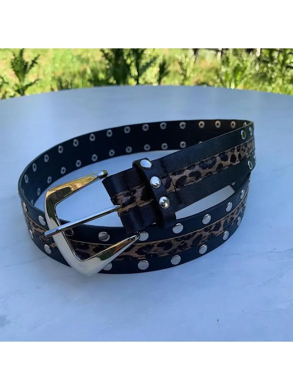 Cheetah print studded silver belt buckle belt. Punk gothic y2k style. 37 inches